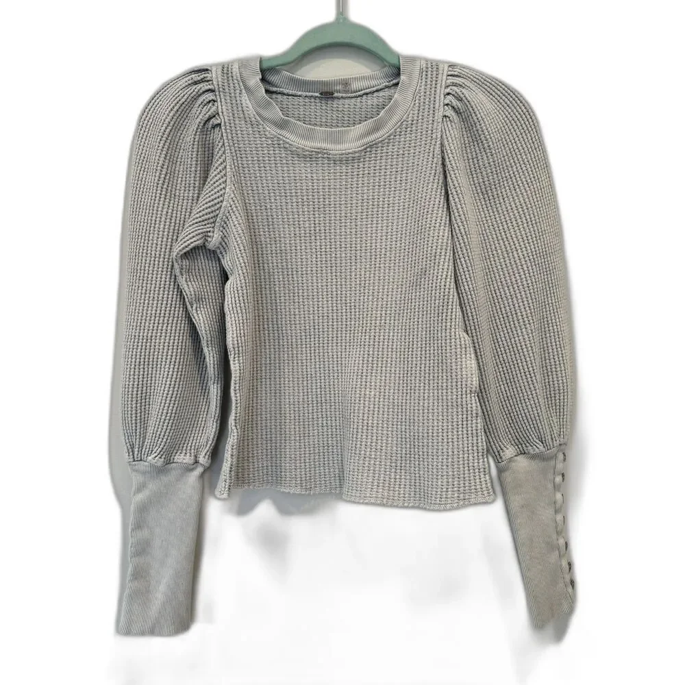 Free People Wesley Thermal Waffle Knit Top Puff Sleeves Blue Boho Women Small